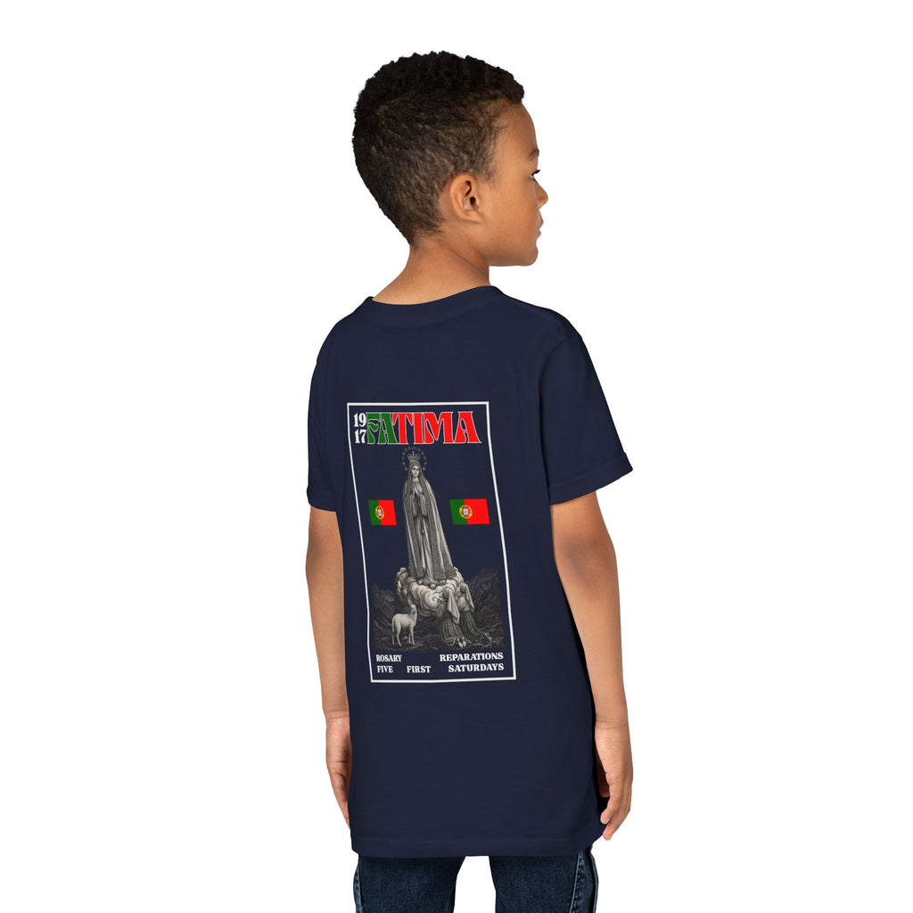 Our Lady of Fátima Catholic T-Shirt · Portugal Soccer Youth Tee · Unisex Marian Devotion Apparel · Made in USA · 100% Profits Donated · 2026