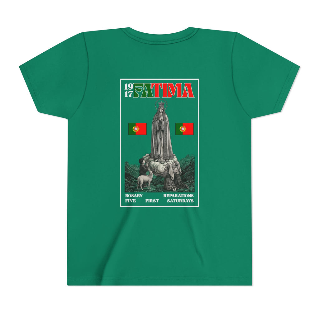 Our Lady of Fátima Catholic T-Shirt · Portugal Soccer Youth Tee · Unisex Marian Devotion Apparel · Made in USA · 100% Profits Donated · 2026