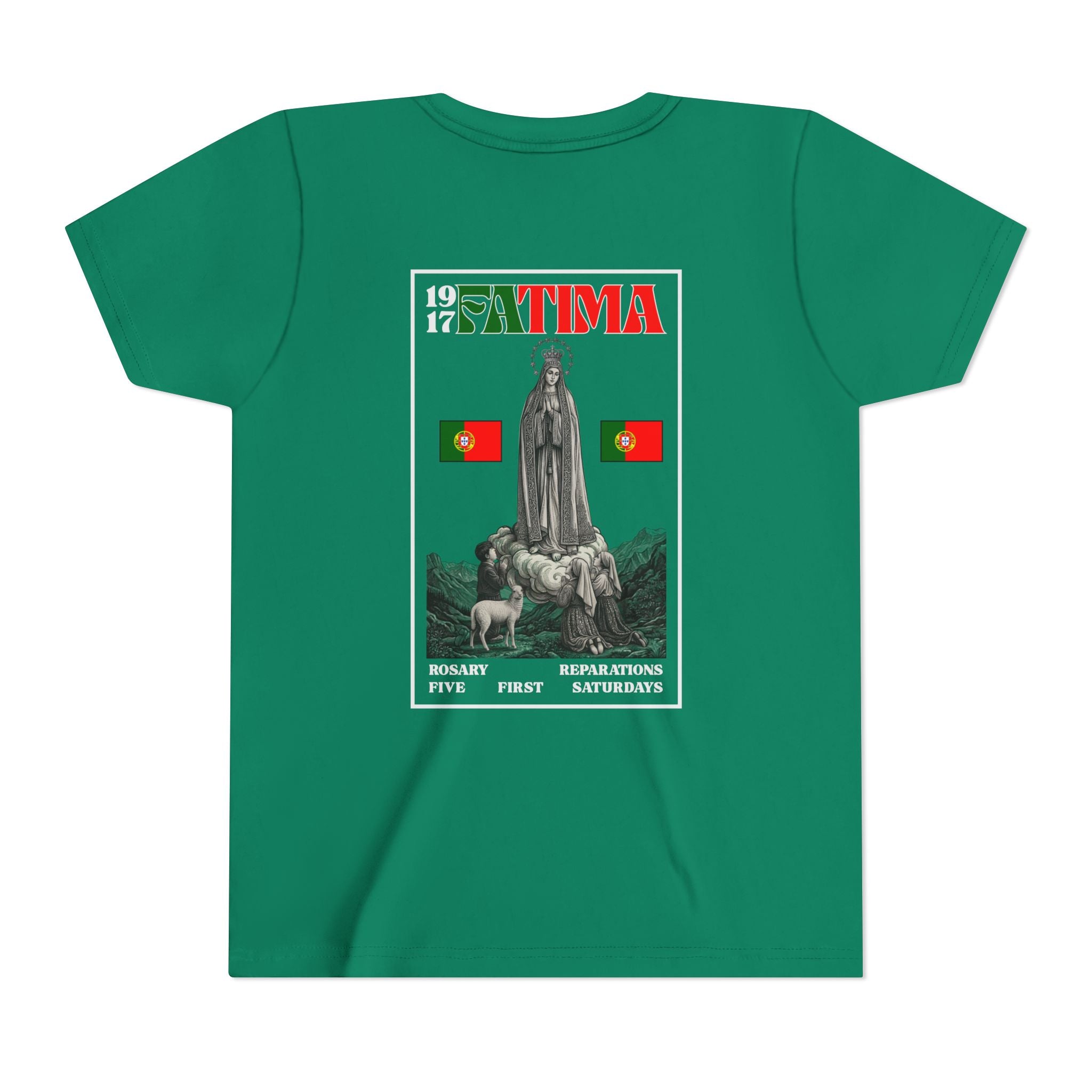 Our Lady of Fátima Catholic T-Shirt · Portugal Soccer Youth Tee · Unisex Marian Devotion Apparel · Made in USA · 100% Profits Donated · 2026