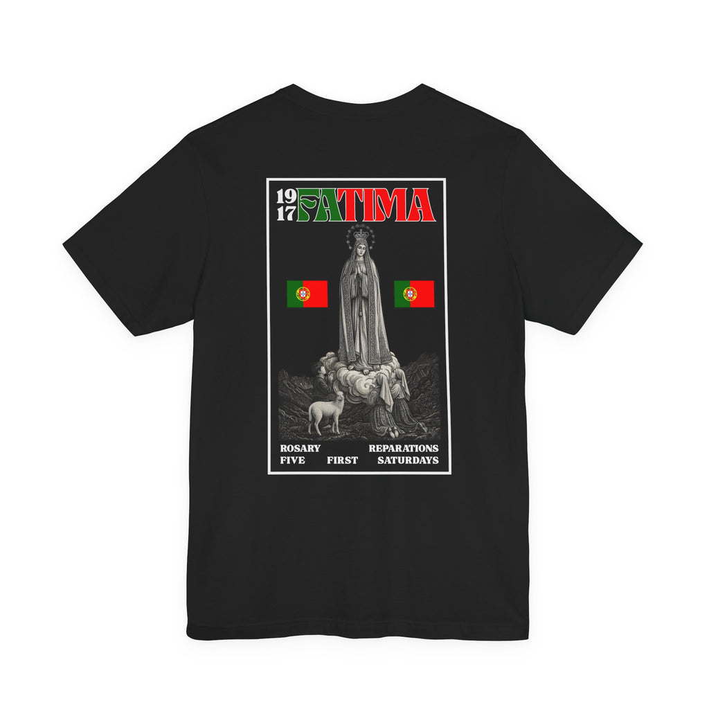 Our Lady of Fátima Catholic T-Shirt · Portugal Soccer Tee · Marian Devotion Apparel · Made in USA · 100% Profits Donated · 2026
