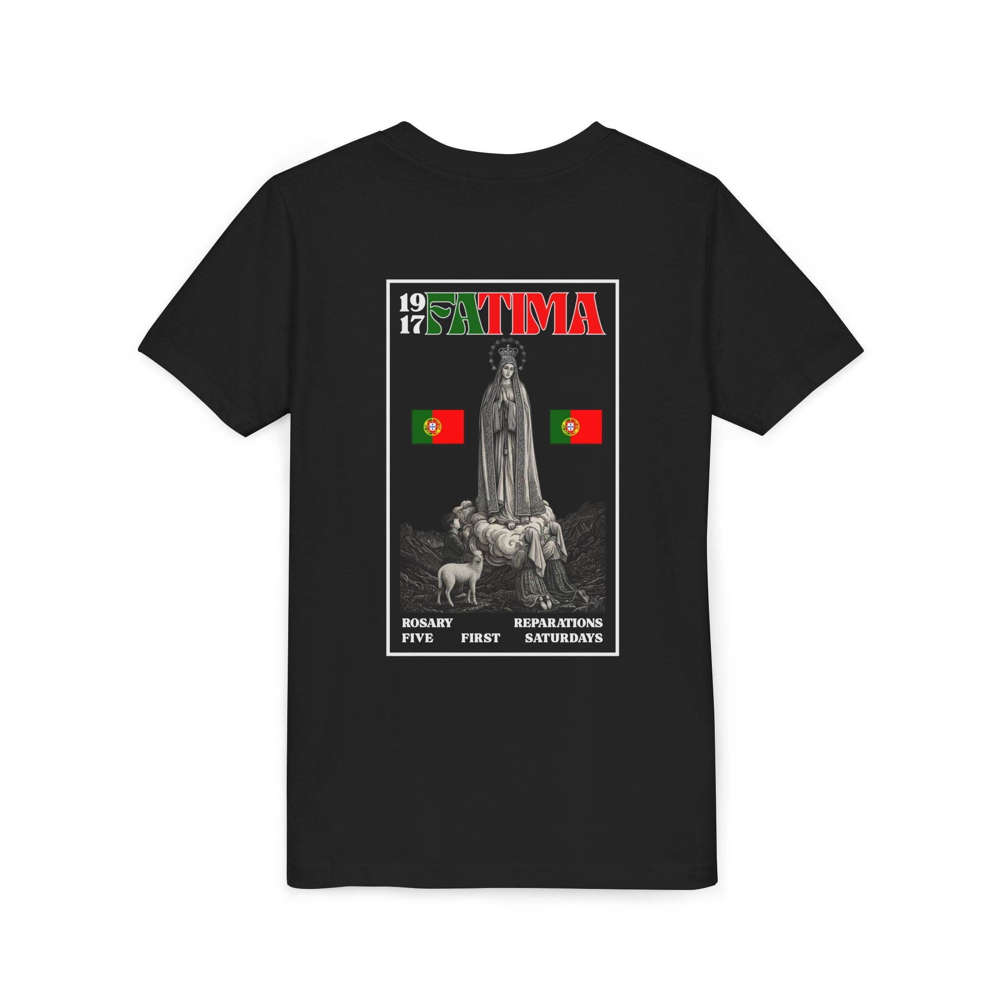 Our Lady of Fátima Catholic T-Shirt · Portugal Soccer Youth Tee · Unisex Marian Devotion Apparel · Made in USA · 100% Profits Donated · 2026