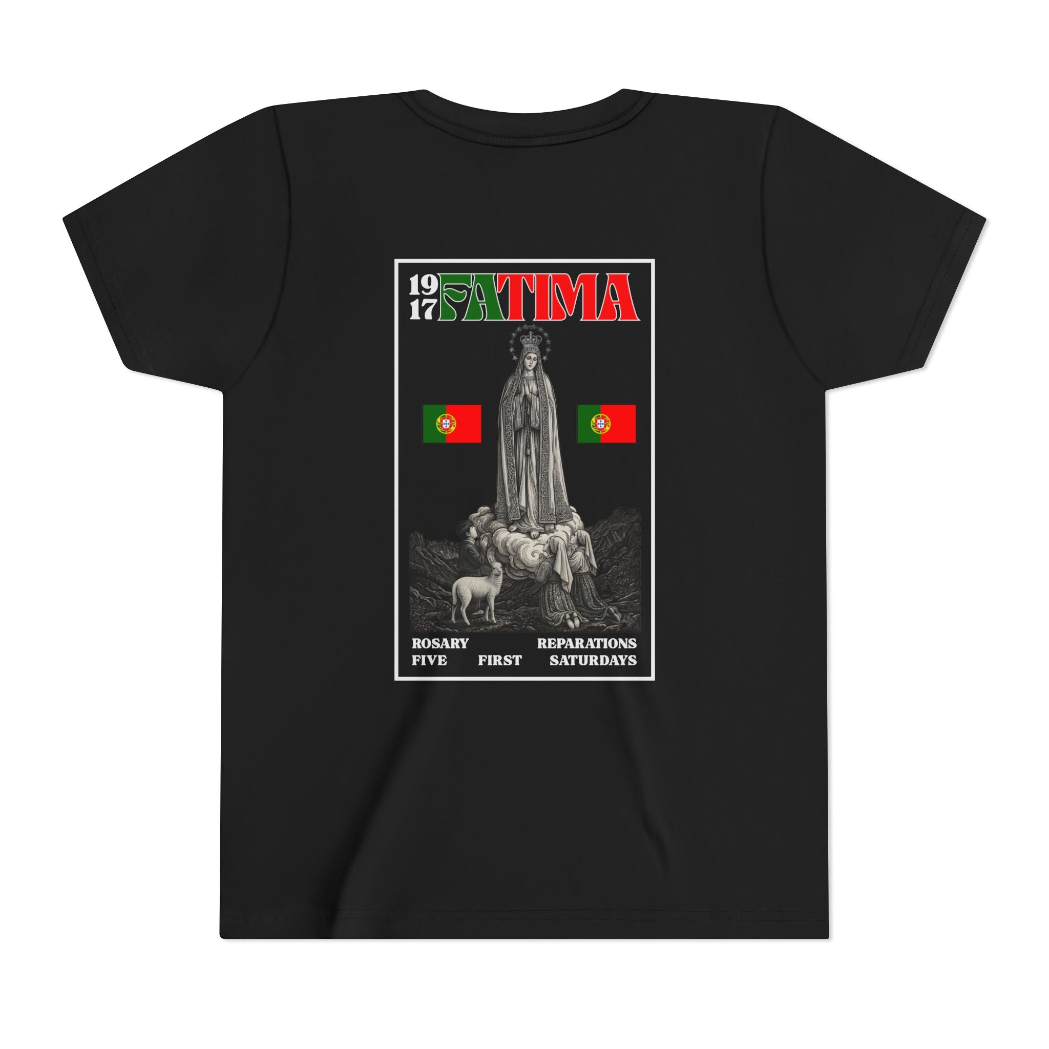 Our Lady of Fátima Catholic T-Shirt · Portugal Soccer Youth Tee · Unisex Marian Devotion Apparel · Made in USA · 100% Profits Donated · 2026