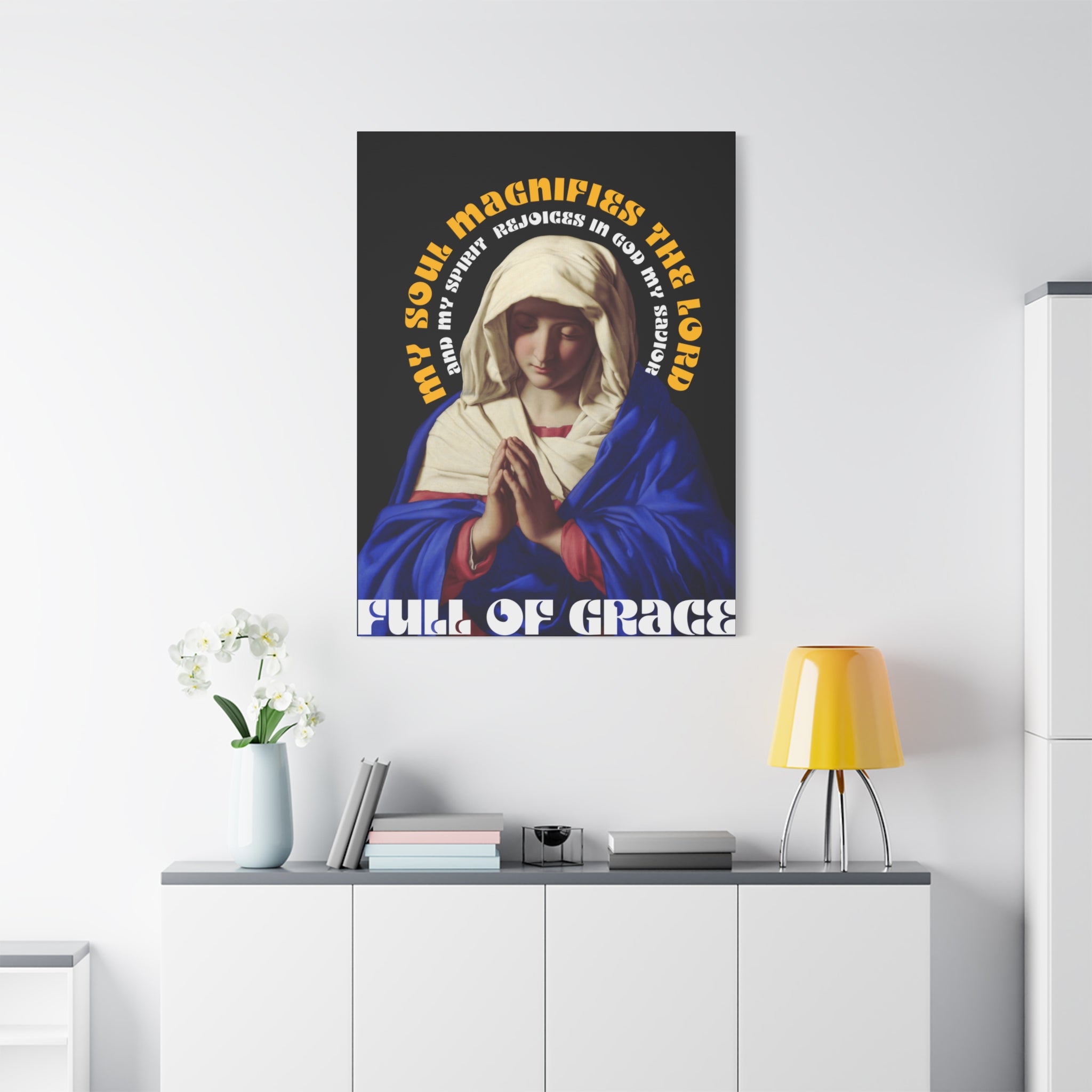 Virgin Mary Praying - Premium Black Matte Canvas Print — Religious Wall Art for Home & Bedroom Decor