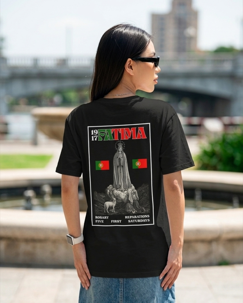 Our Lady of Fátima Catholic T-Shirt · Portugal Soccer Tee · Marian Devotion Apparel · Made in USA · 100% Profits Donated · 2026